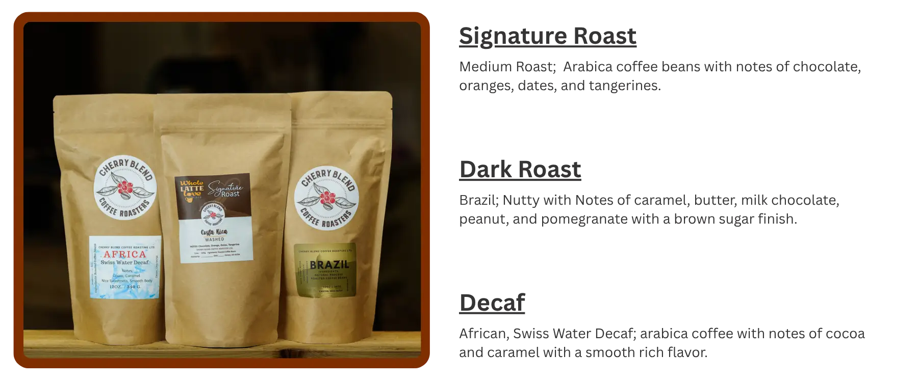 fresh-brewed-coffee-picture Three brown paper coffee bags labeled "Africa," "Cafe Bali," and "Brazil" are displayed upright on a wooden surface against a dark background.