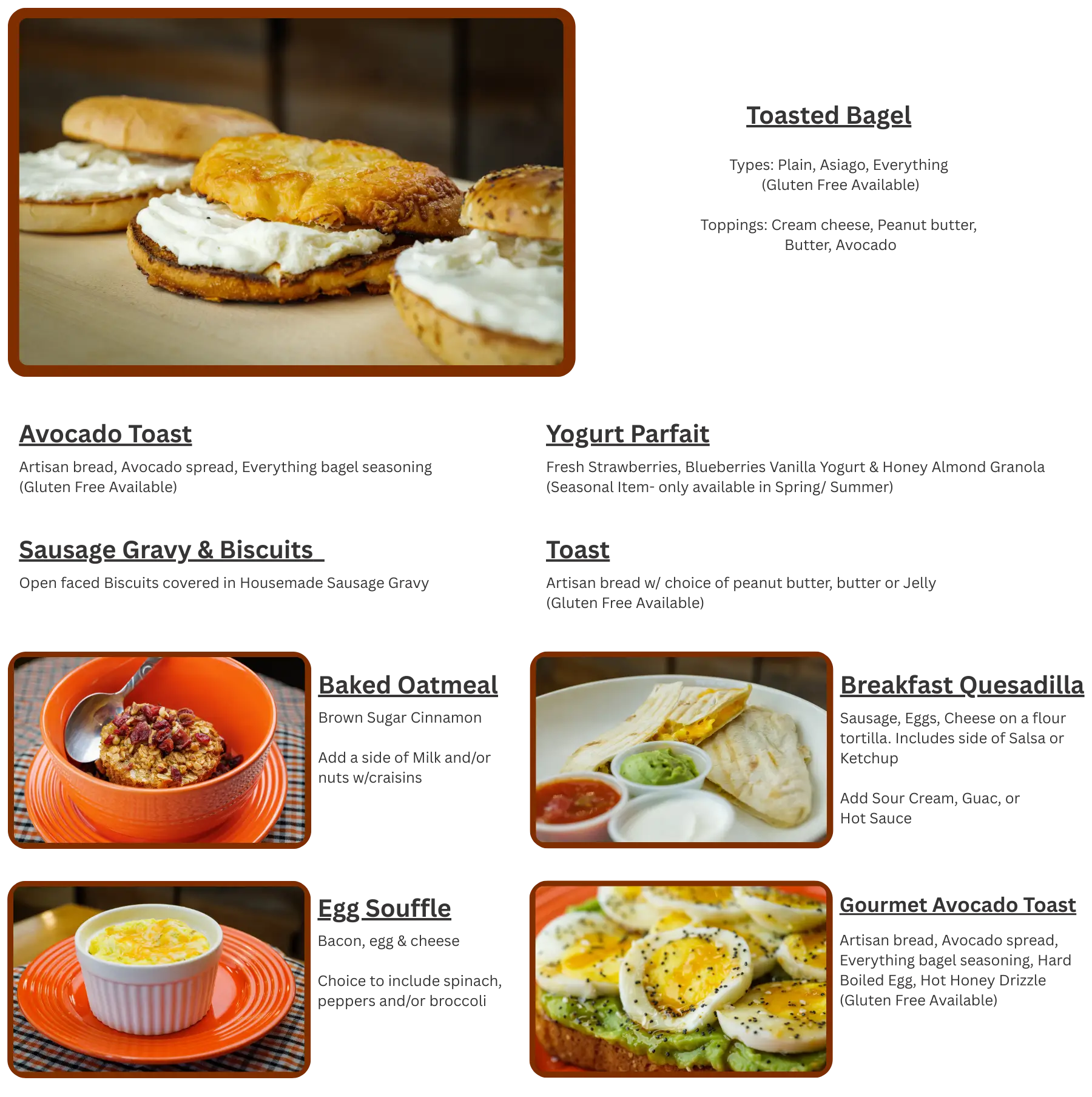 full-width-breakfast-food-fw-2 A chicken biscuit sandwich with two additional plain biscuits, a bowl of granola and fruit, scrambled eggs, a quesadilla with salsa, and sliced bagels with cream cheese.
