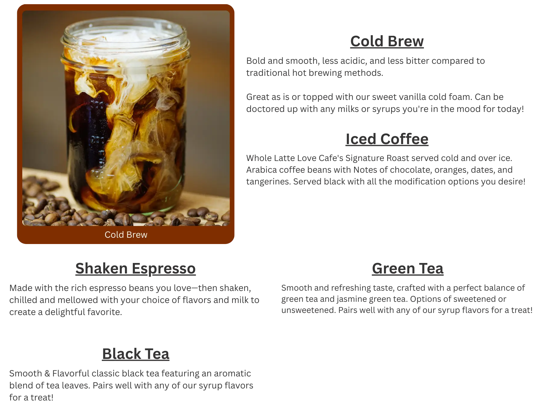 iced-beverages-fw-2 A glass jar of cold brew coffee with cream swirling in the dark liquid, surrounded by coffee beans on a dark surface.