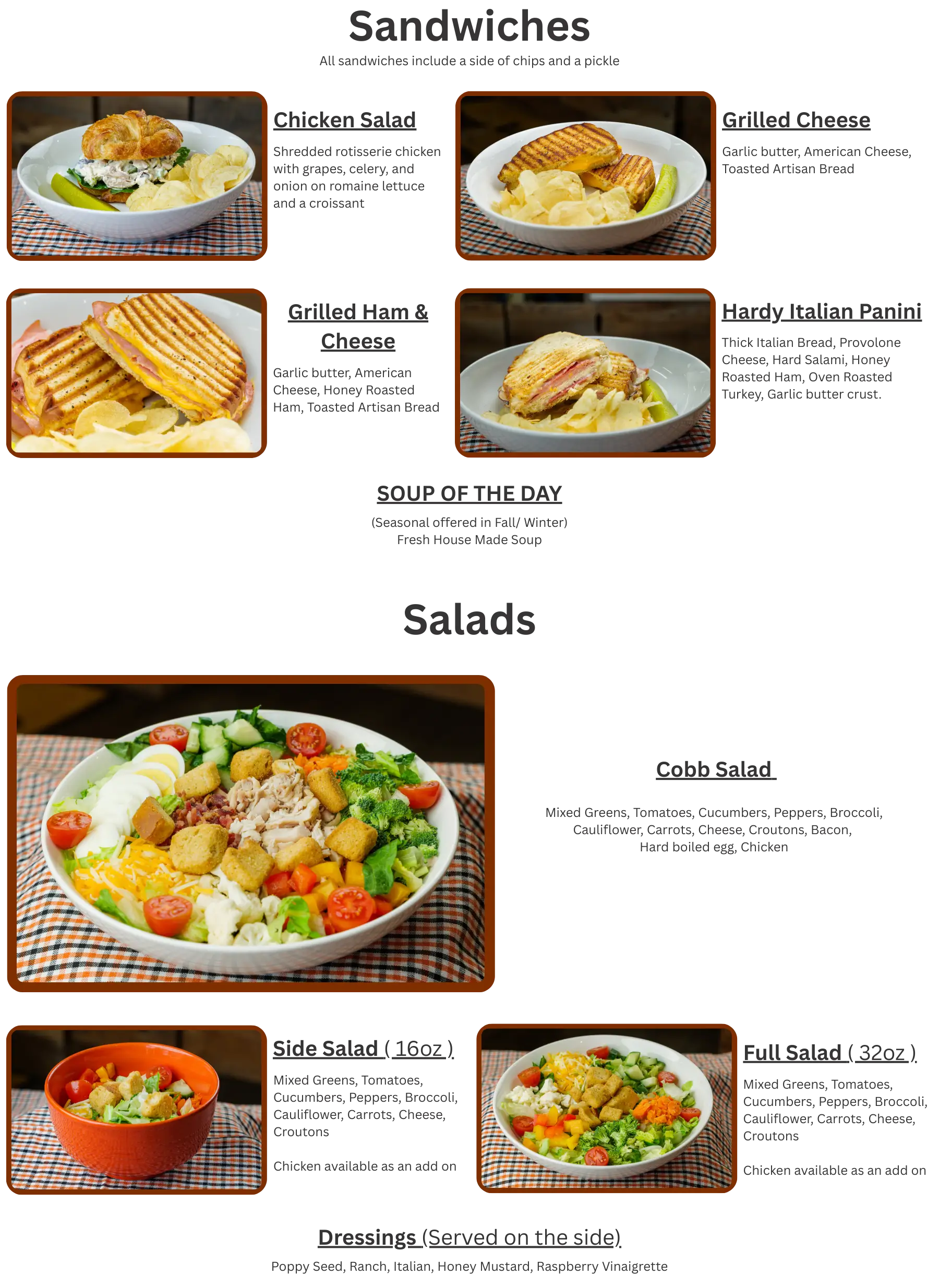 lunch-fw-2 Menu section displaying images and descriptions of sandwiches with chips and salads with various toppings, arranged on a checkered tablecloth.