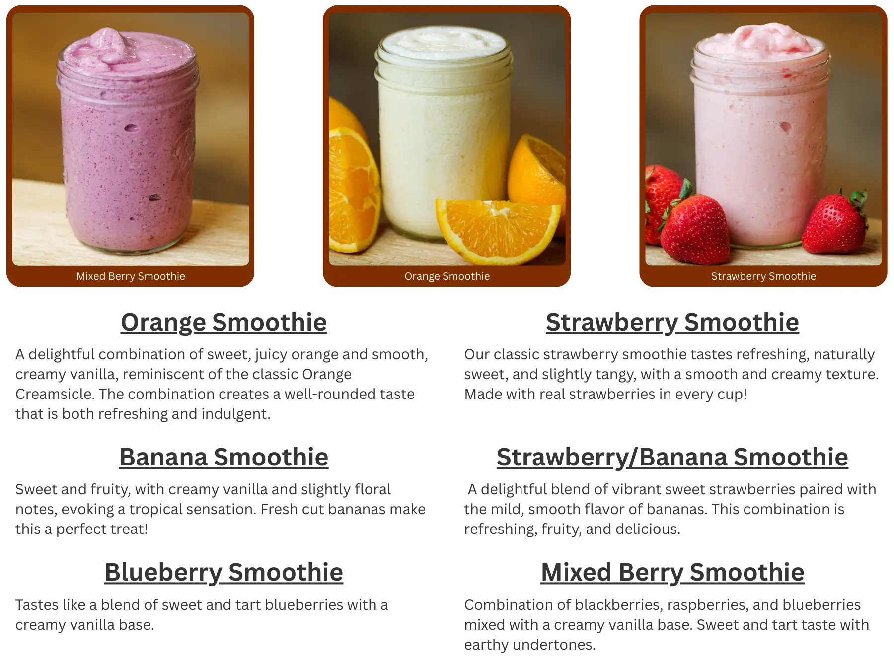 smoothies-fw-2 Three jars of smoothies: a purple mixed berry smoothie with berries, a white orange smoothie with orange slices, and a pink strawberry smoothie with strawberries, each on a brown background.