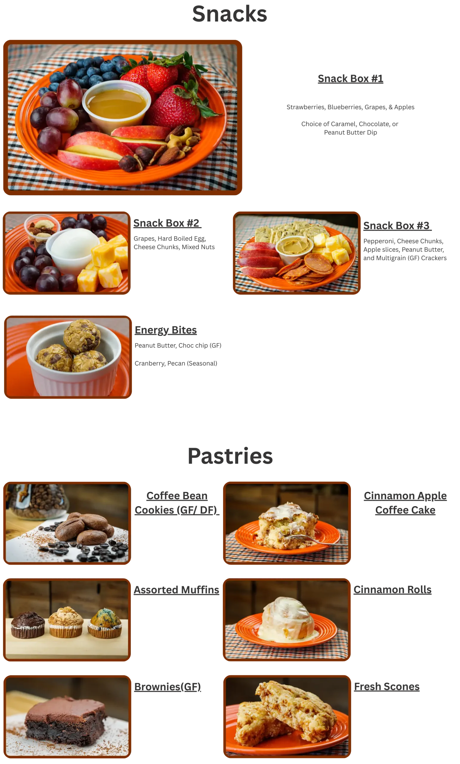 snacks-and-pastries-fw-3 A menu showing photos of assorted snacks like fruit platters, cheese cubes, and pastries including coffee cake, scones, brownies, and cinnamon rolls on orange plates.