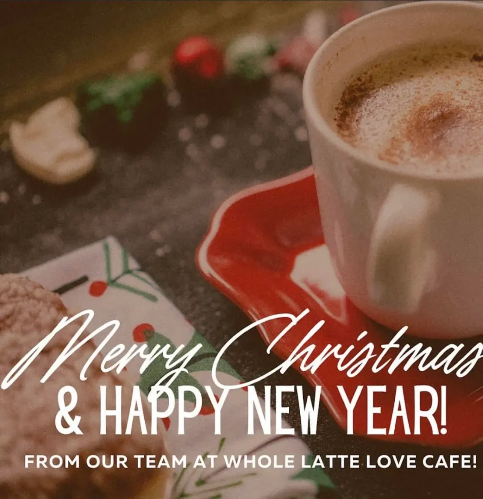 A cup of coffee on a red saucer with cookies nearby, festive decorations, and the text 