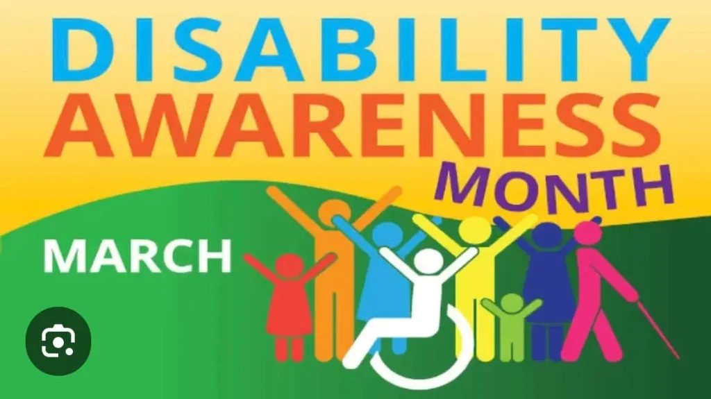 Disability Awareness Month graphic with colorful human figures, including one in a wheelchair, and bold text reading 