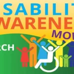 Disability Awareness Month graphic with colorful human figures, including one in a wheelchair, and bold text reading "Disability Awareness Month March.