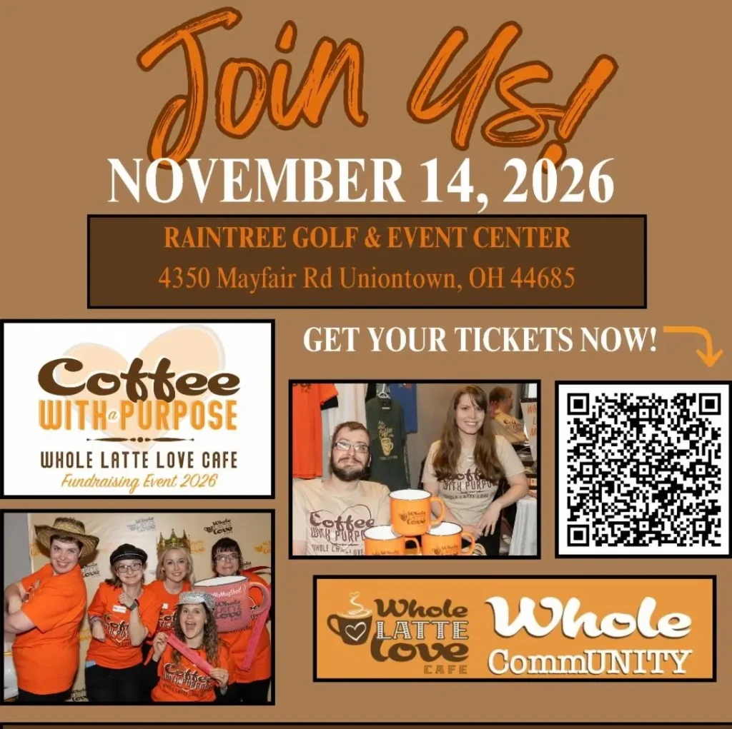 Event flyer for “Coffee With a Purpose” on November 14, 2026, at Raintree Golf & Event Center, Uniontown, OH, with photos of people, a QR code, and event details.