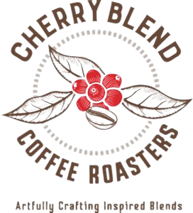Logo for Cherry Blend Coffee Roasters featuring red cherries with leaves. Text reads: "Cherry Blend Coffee Roasters" and "Artfully Crafting Inspired Blends.